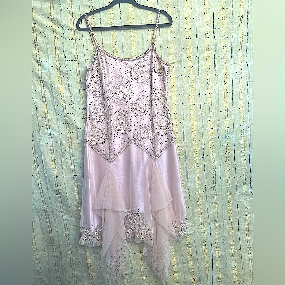 Vintage Beaded Dress w/ Handkerchief Hem & Matching Light Pink Shawl